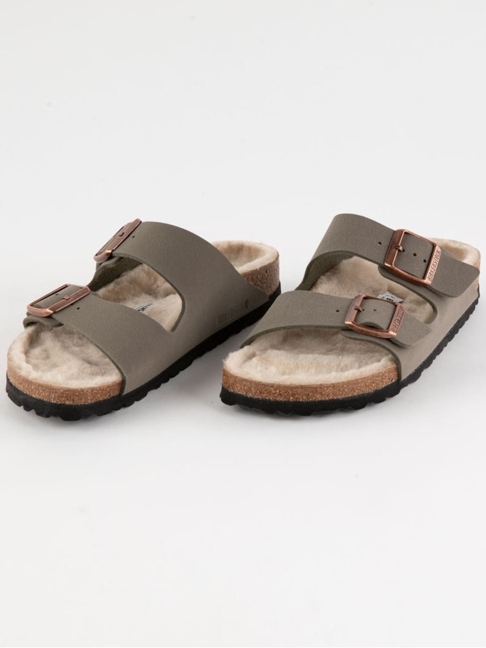 Birkenstock Women’s Dual-Strap Shearling Arizona Sandals Stone NEW